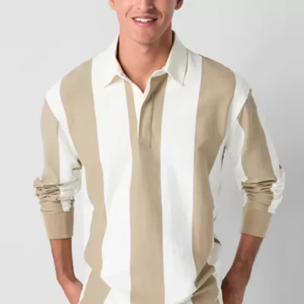 🆕 Arizona Jean Company Men's Rugby Polo. Cream Stripe. NWT. Size XXL.